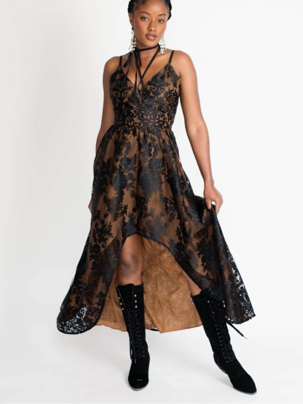 NWT Joyfolie Holli Dress Black XS Maxi High Low Lace Adjustable Boho Corset